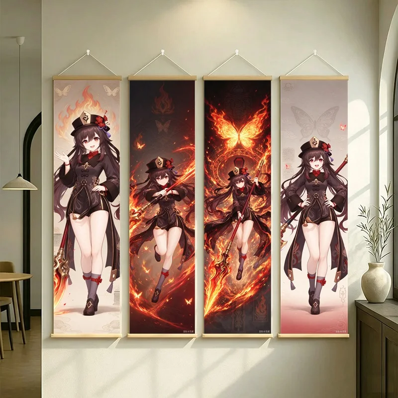 Hanging Scroll Wall Art of Genshin Impact Hu Tao with Glowing Crimson Flames on Silver Shimmer Canvas for an Anime Bedroom