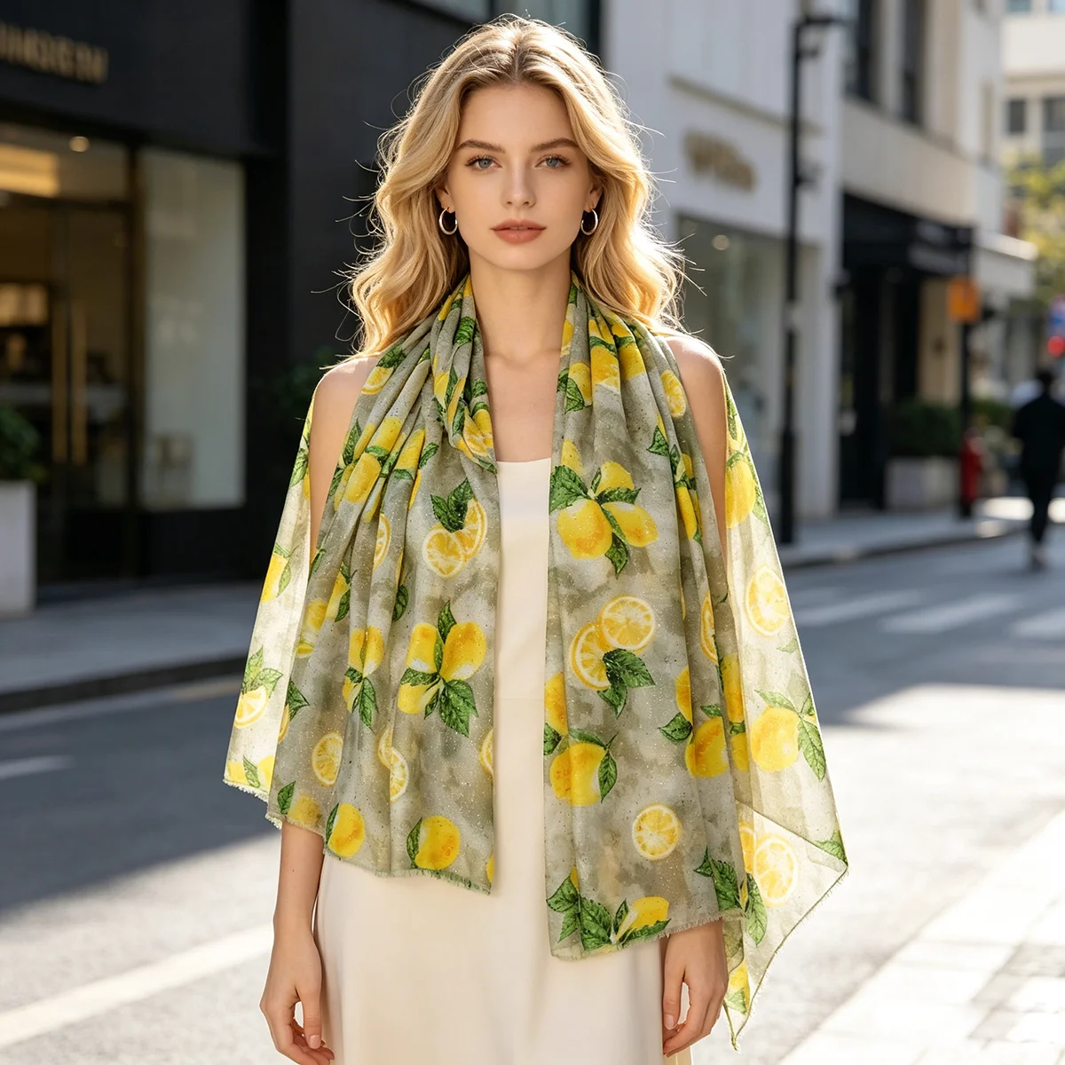 Women's Grey Lemon Fruit Printed Scarf, Lightweight Long Shawl with Glitter Dots, 180x88cm Fashion Neck Wrap for Daily Casual Ou