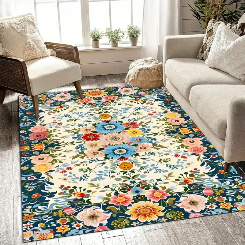 

Classical Bohemia Luxurious Floral Printed Area Polyester Non-Slip Large Mat Vibrant Bohemian Home Decor, Durable Floor Covering