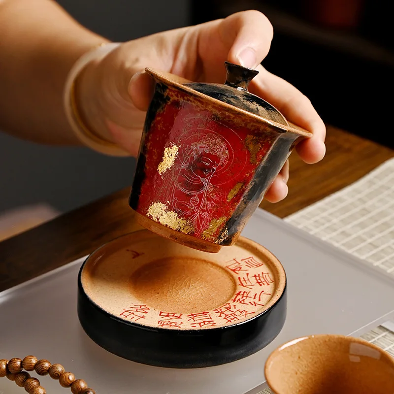 

Чайная чашка в китайском стиле Дунхуань, расписная вручную, с золотым покрытием, ретро, высококачественная керамика, подарочная,