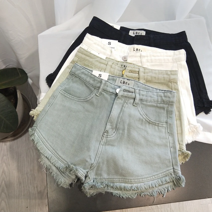 

Summer Denim Shorts for Women High Waisted Solid Color Fringed shorts American Retro Fashion Basic Female Short Jeans