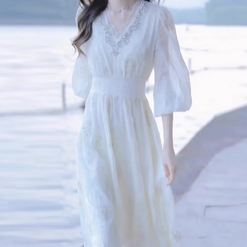 

Ele White V-Ne Dr Gentle Fairy T Sle Long Sve Silk Women's Faion Весна Лето Высококачественный коврик Dr