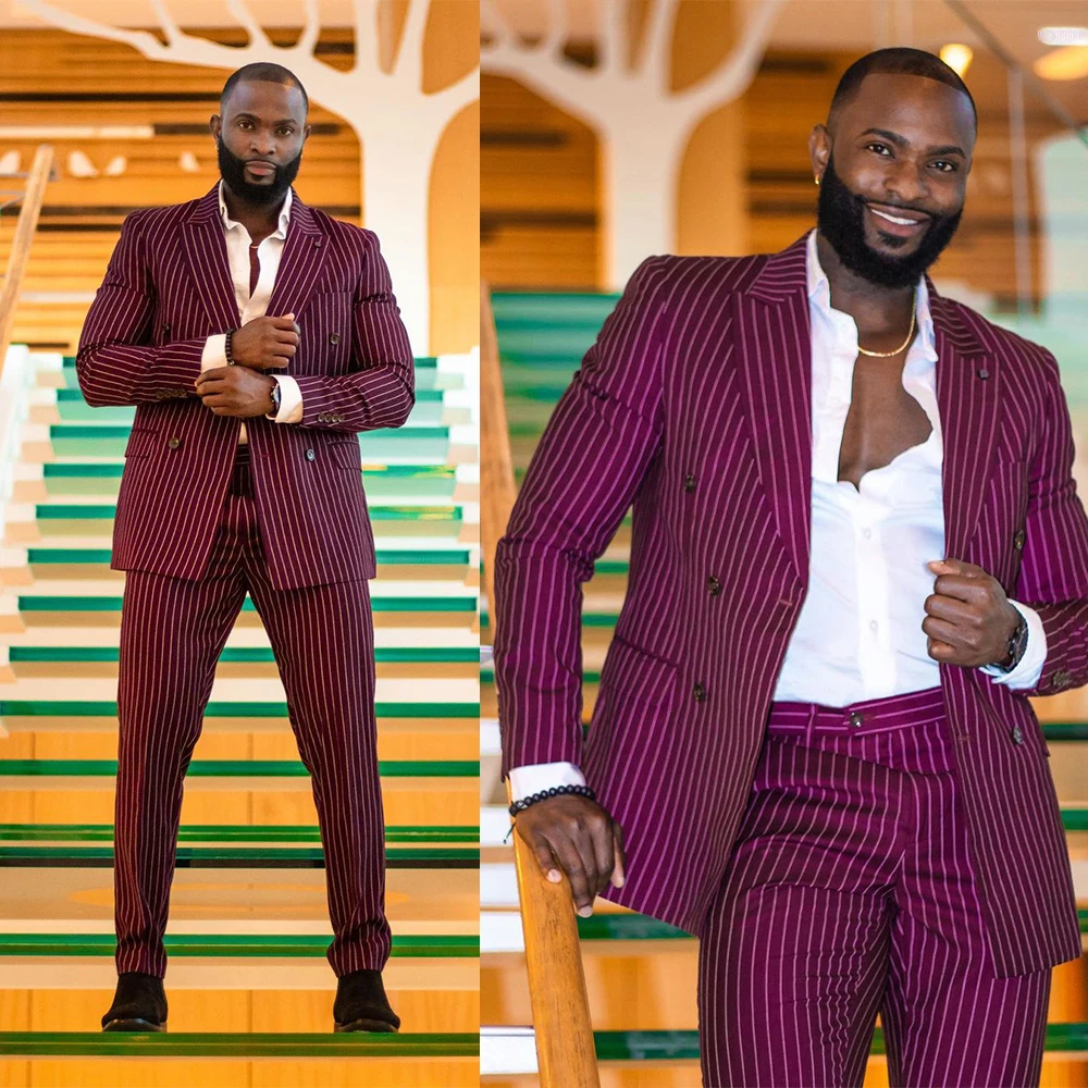 

Purple Colorful Men Suit 2 Pieces Blazer Pants Double Breasted Pinstripe Wedding Groom Formal Work Wear Party Causal Tailored