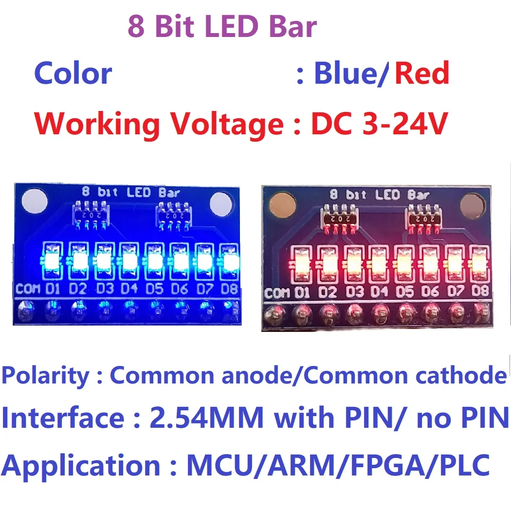 5 pcs, DC 3-24V ,Common Anode/Cathode LED Indicator Module Kit for Raspberry Pi 4 NodeMCU with 8 Bit Blue/Red LEDs