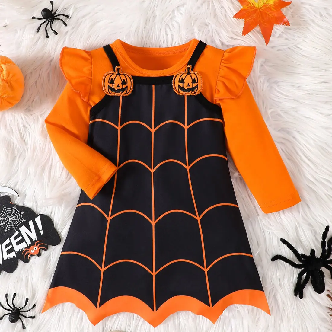 Halloween Yellow Pumpkin dress for Girls Cosplay Cute Toddlers Spider Witch Print Tutu Funny Two Piece Long Sleeve Party Dress