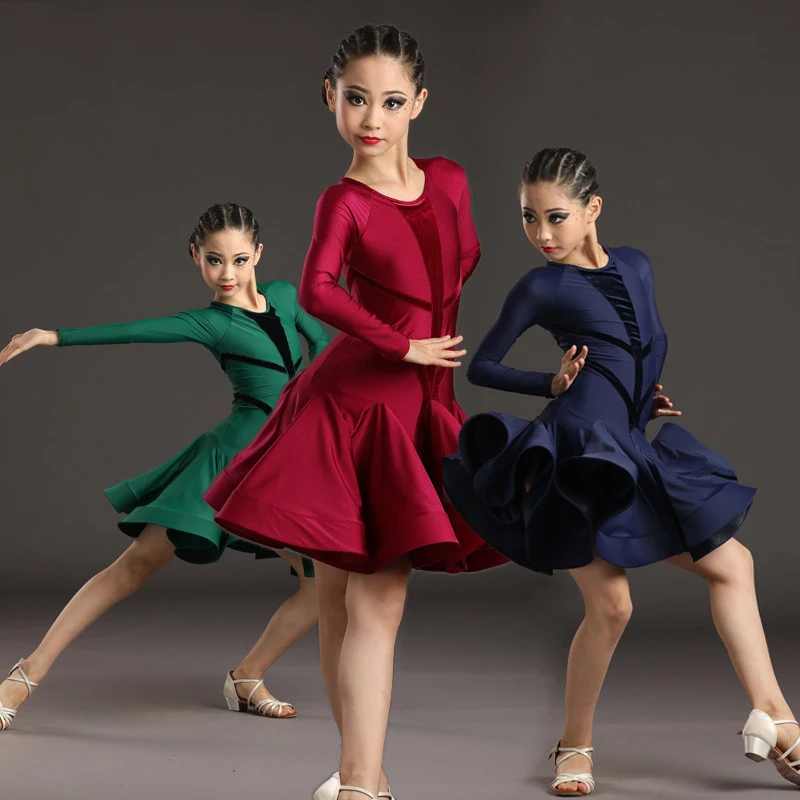 Children\'S Latin Dance Costume For Girls Ballroom Dance Professional Clothes Long Sleeved Latin Dance Dress Practice Wear SL8494