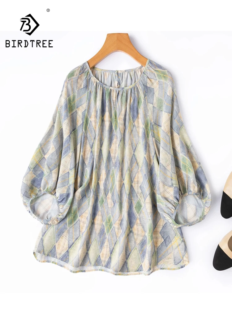 

BirdTree-100%Real Silk Double Crepe Elegant T-Shirt, Lantern Sleeve Plaid, Women Fashion Cool Loose Tops, 2026 Summer T67227CC
