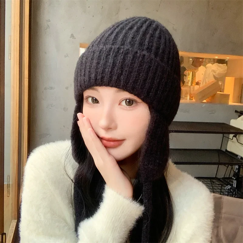 Korean Simple Knitted Hat Women's Winter Thickened Warm Ear Protection Big Head Versatile Solid Color Lace-up Skull Beanie Hats