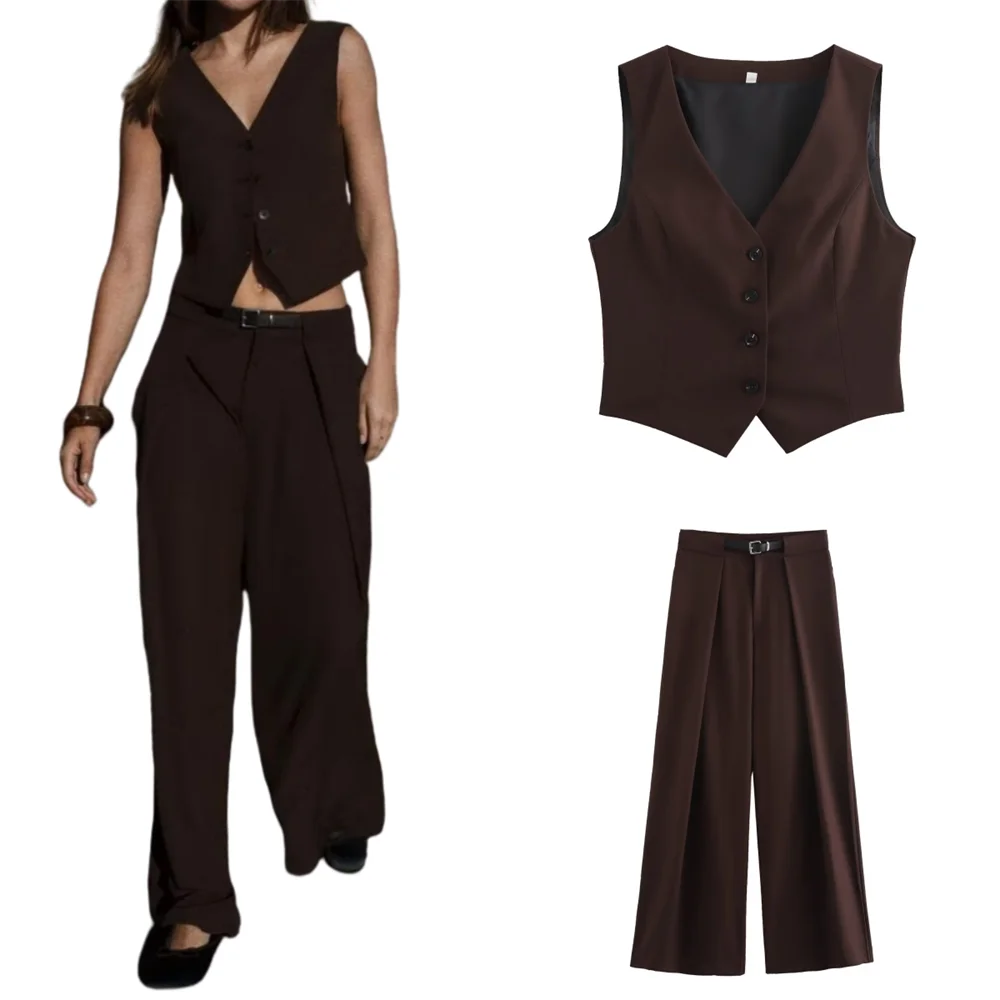 PB&ZA2024 early autumn new women\'s clothing simple and fashionable side slit vest belt pleated casual trousers