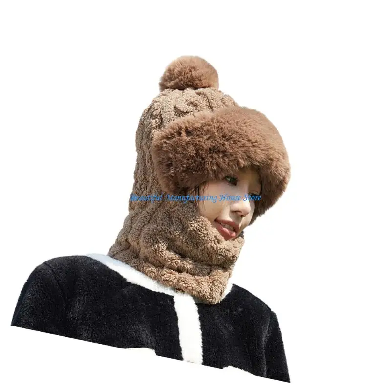 E56A Cold Weather Knitted Hat with Neck Scarf Face Coverage Windproof Pullover Hat