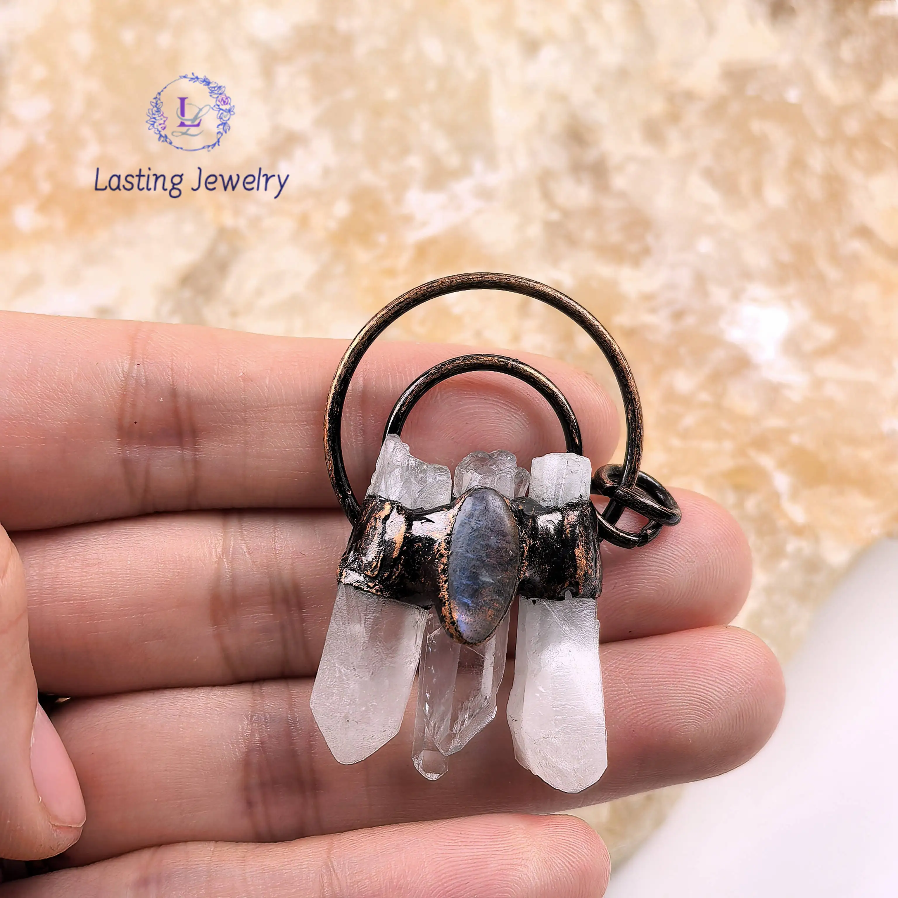 Soldered Bronze Raw Crystal Point Pendants,Antique Copper Amethyst Kyanite Labradorite Charms Vintage Necklace Jewelry