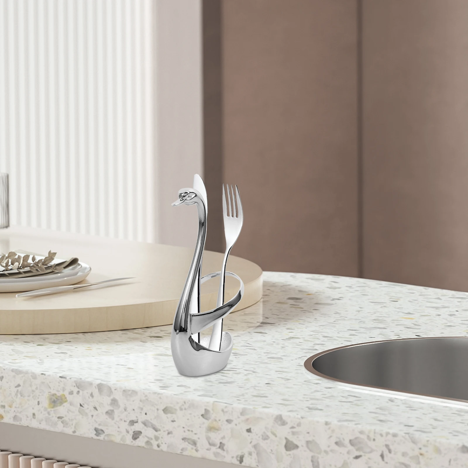 

Swan Fork Pedestal Stainless Steel Spoons Holder Dessert Cutlery Round Storage Kitchen Flatware Set Serving utensils cake eating