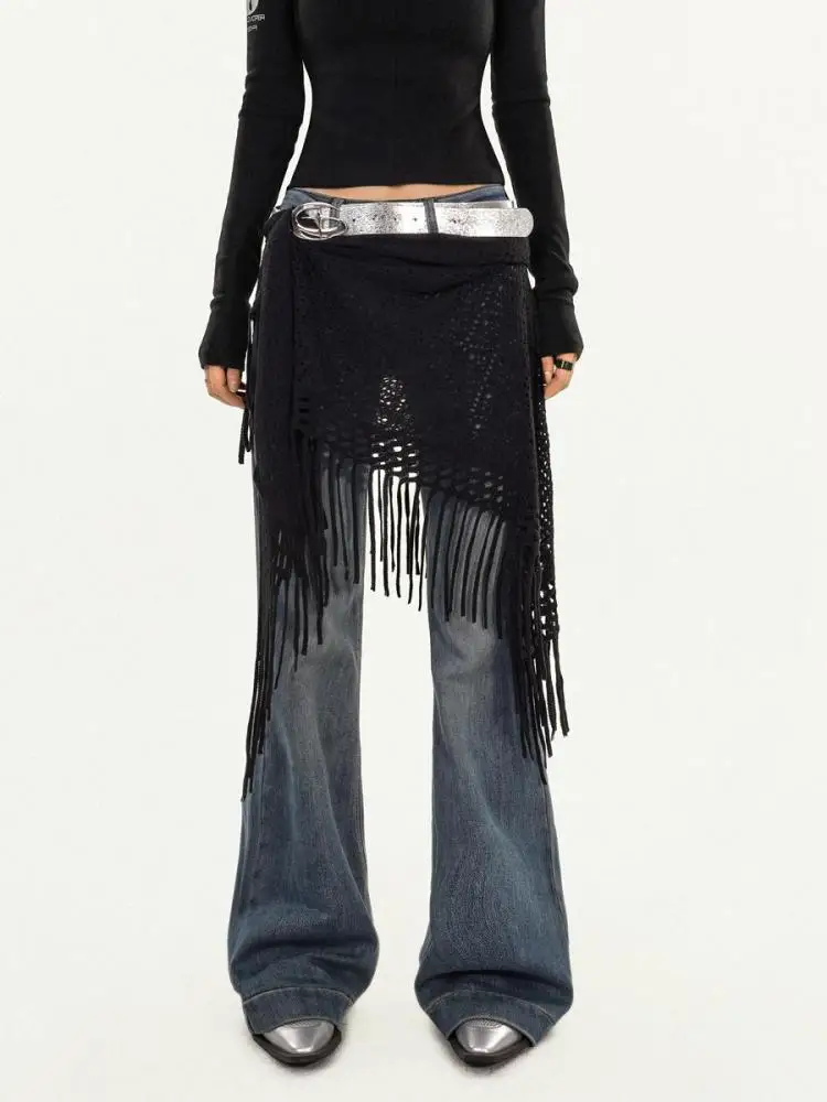Yedinas Multifunctional Apron Skirt Women Hollow Out Match Jeans Tassel Mini Kintted All Season Fashion Trend Gothic Vintage Y2k