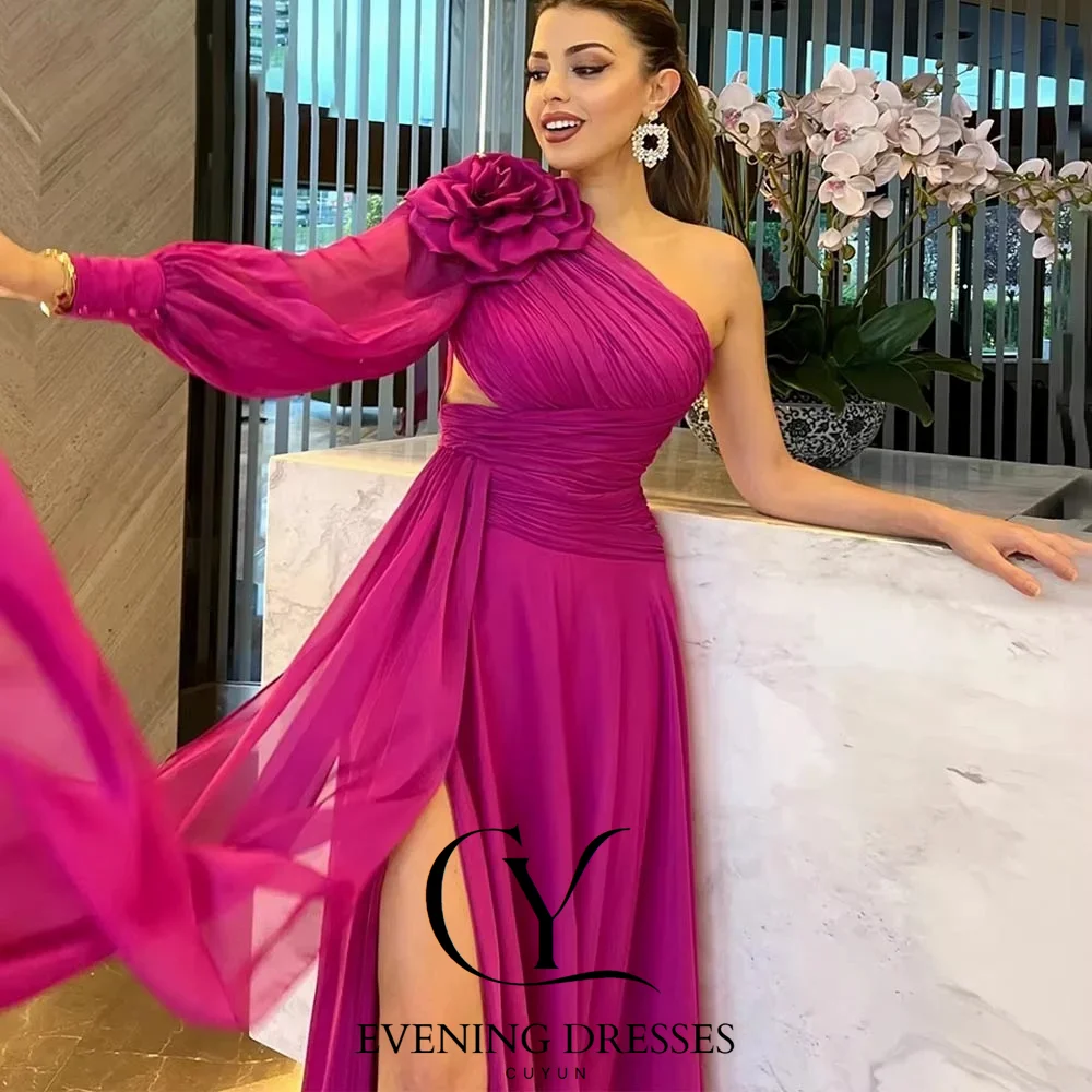 CUYUN One Shoulder Long Sleeves Evening Dresses Women Handmade Flowers High Slit Prom Gown Customized Party Dresses 2025