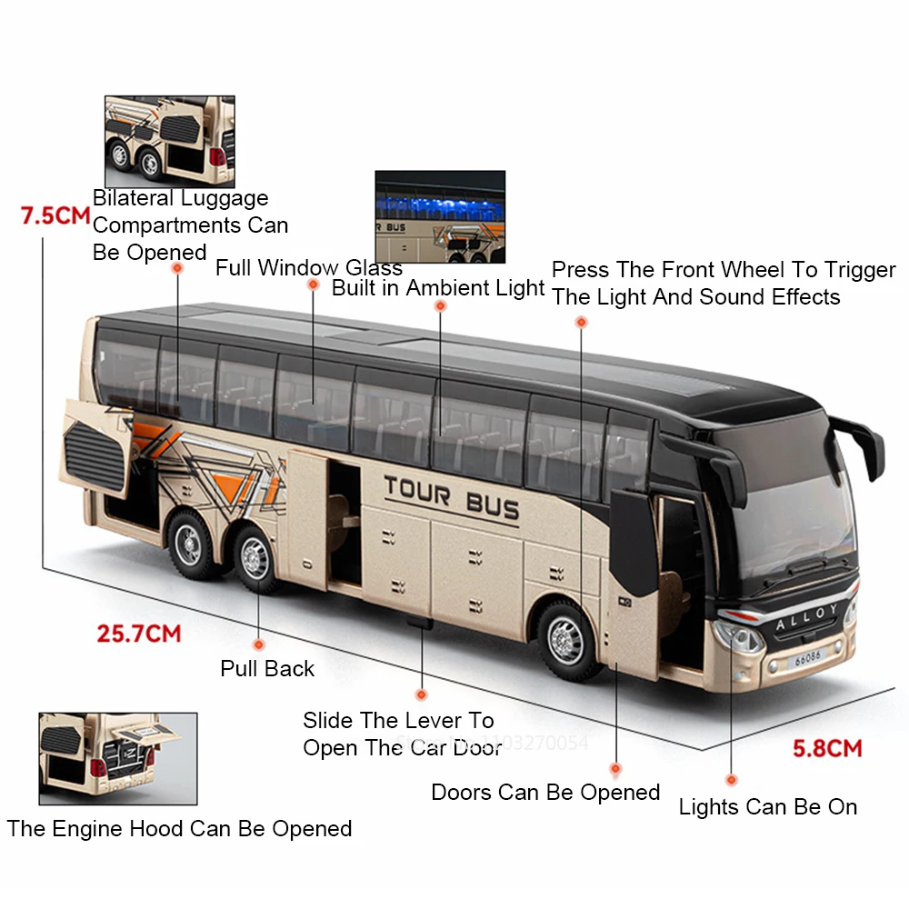 1:30 Business Single Double Decker Bus Toys Cars Diecast Alloy Models Doors Opened with Sound Light Pull Back Vehices Kids Gifts
