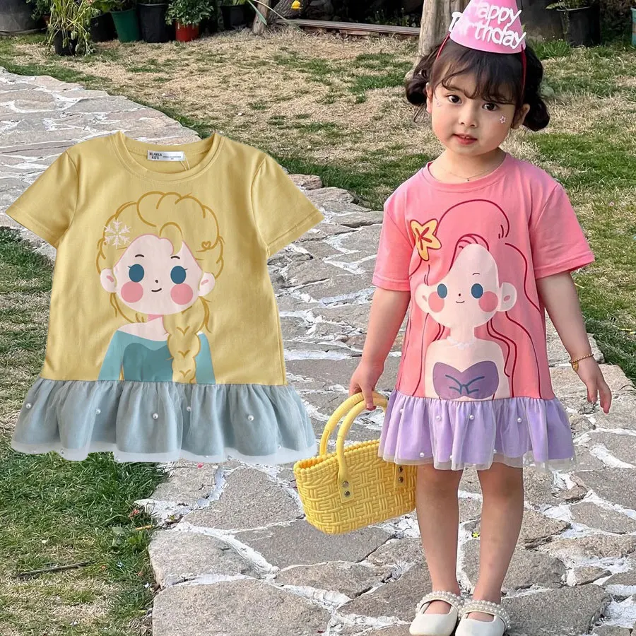 Girls Mesh Dress 2024 Summer Patchwork Dress for Kids Cute Cartoon Princess Ruffle Lace Children Dress Toddler Costume 1-8years