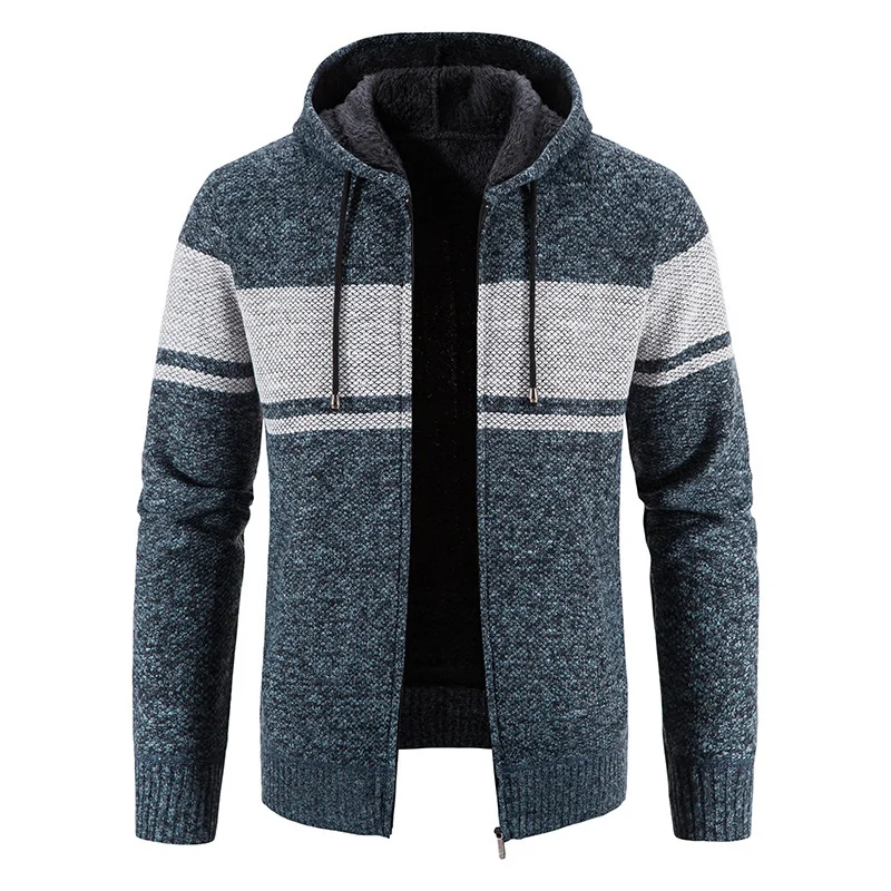 

Men's Knitted Sweater Jackets 2023 Autumn and Winter New Fashion Striped Hooded Fleece Thicken Keep Warm Cardigan Coats