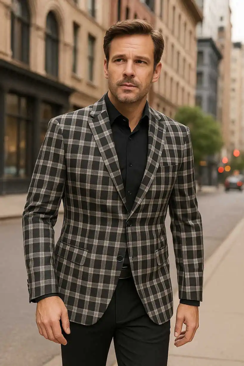 Classic Single Breasted Notch Lapel Black White Plaid Men's Blazer Flap Pockets Casual Checked Suit Jacket Custom Made M264399
