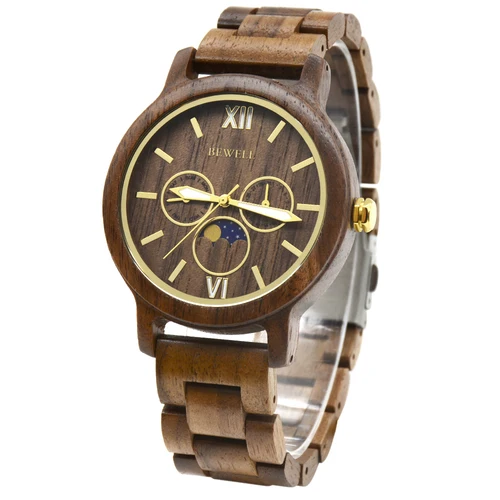 Imagen 2 del producto Conjunto de pulsera de reloj de madera para hombre, reloj de pulsera de cuarzo con cronógrafo y indicador de fecha, reloj luminoso ligero hecho a mano - Nogal