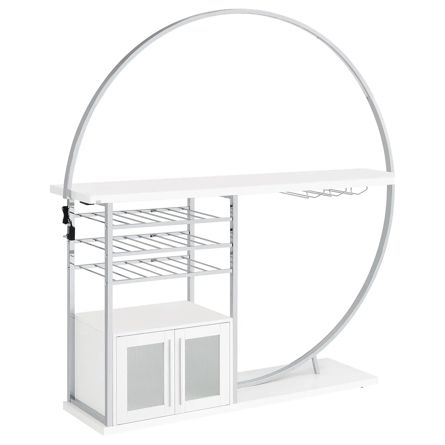 Circular LED Home Bar Cabinet with 3-Tier Bottle Storage & Stemware Rack Wood & Metal White Dining Kitchen, Customized