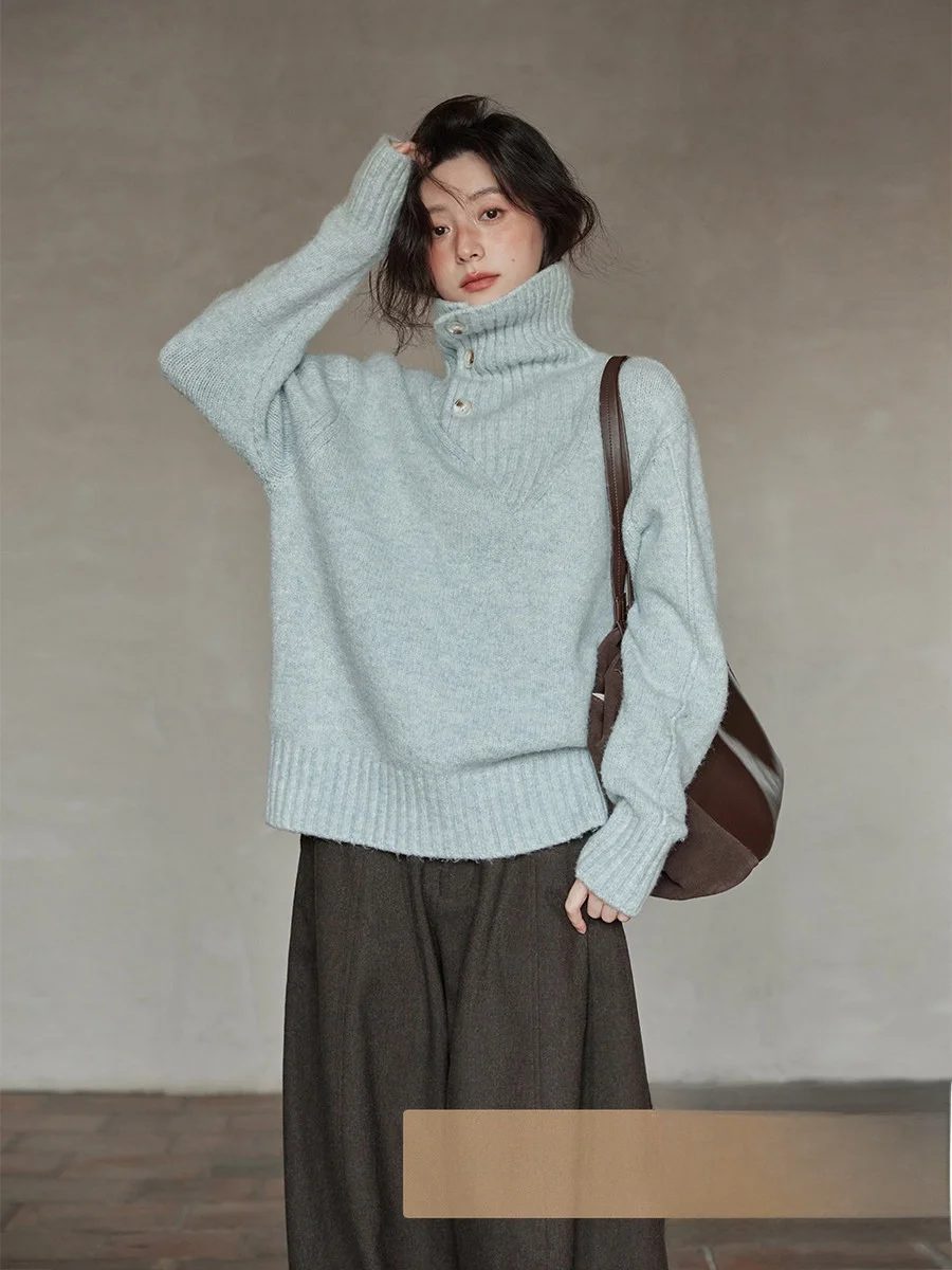 

Зимний синий свитер Ximen с высоким воротником, свободный, удобный, мягкий, в корейском стиле, модный, маленького размера, уникальный, милый, вязаный, для женщин