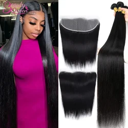 BeautyQueen Straight Bundles With Frontal Brazilian Hair Weave 3 Bundles With Closure 13x4 Lace Frontal 100% Human Hair Tissage