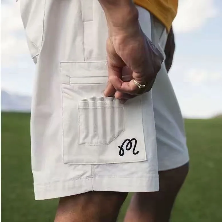 26 Shorts cargo masculinos de secagem rápida para golfe, shorts esportivos respiráveis ​​e elásticos com vários bolsos, calças bermudas casuais bordadas