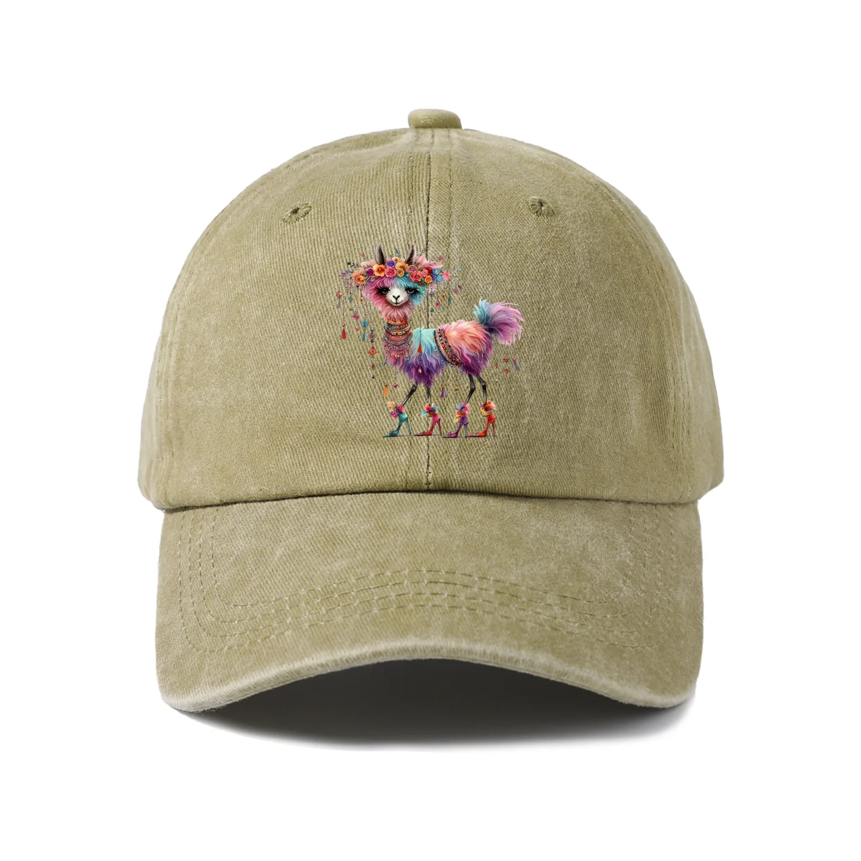 Colorful Floral Llama Graphic Vintage Washed Baseball Cap, Adjustable Unisex Dad Hat for Men and Women