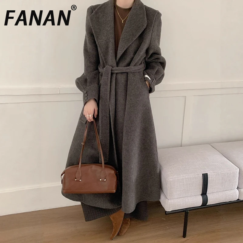 

FANAN 100% Wool Cardigan Coats For Women Lapel Belt Gathered Waist Long Outwear Fashion Warm Clothing Female 2025 Winter New