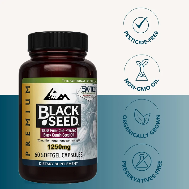 High quality black seed oil capsules - helpful for digestive health and immune support -60 capsules, 1250mg