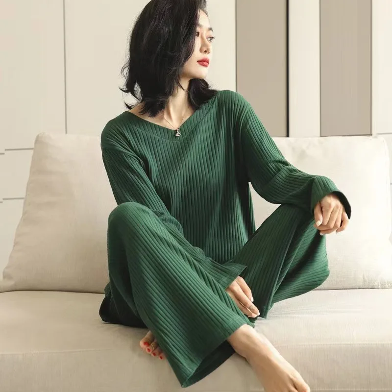 

150kg Large Size Women's Loose Simple Style Pajamas Set Spring Autumn Loungewear Solid Long Sleeves and Trousers Two-piece Set