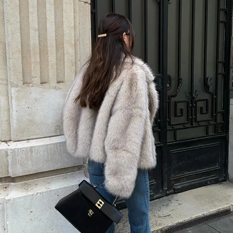 

Winter Faux Fur Coat Suit Collar Thickened Warm Fluffy CoatShort Street Style Fox Fur Jacket