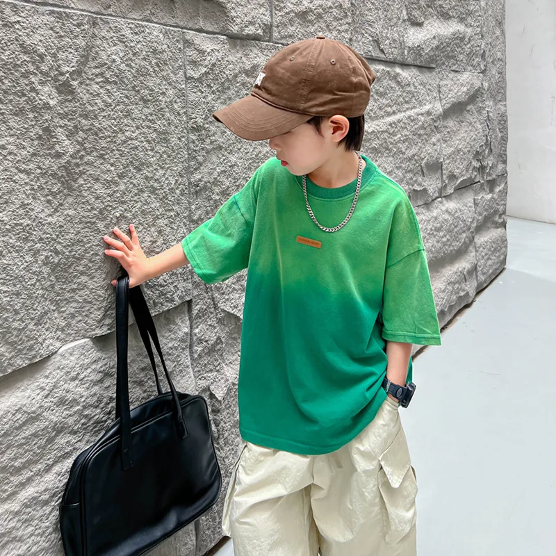 Boys' Summer Wear Gradient Half Sleeve Short SleeveTT-shirt2024New Clothes Medium and Large Children's Summer Fashion Brand Cott