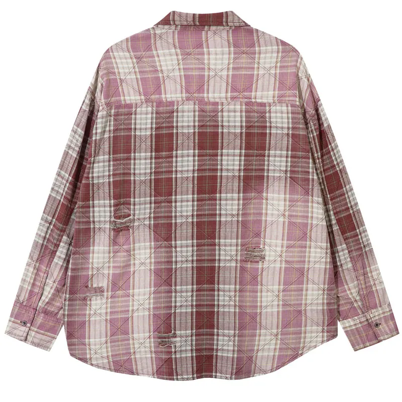 Vintage Plaid Shirts Y2K Ripped Hole Oversize Long Sleeve Cotton Shirt Streetwear Hip Hop Casual Button Up Blouse Tops Pink Blue