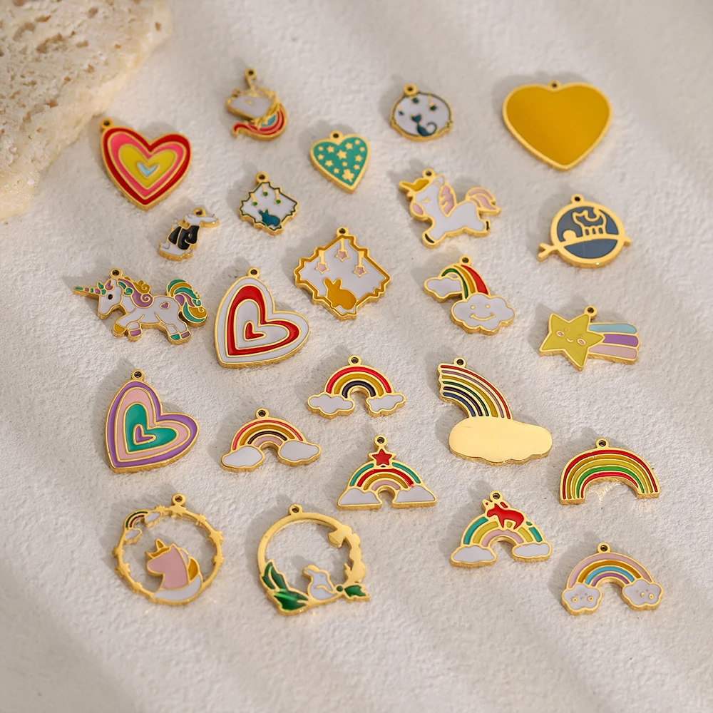 3PCS/LOT CARLIDANA Gold Plated Stainless Steel Unicorn Heart Charms, Colorful Rainbow Cloud Pendants for DIY Jewelry Making