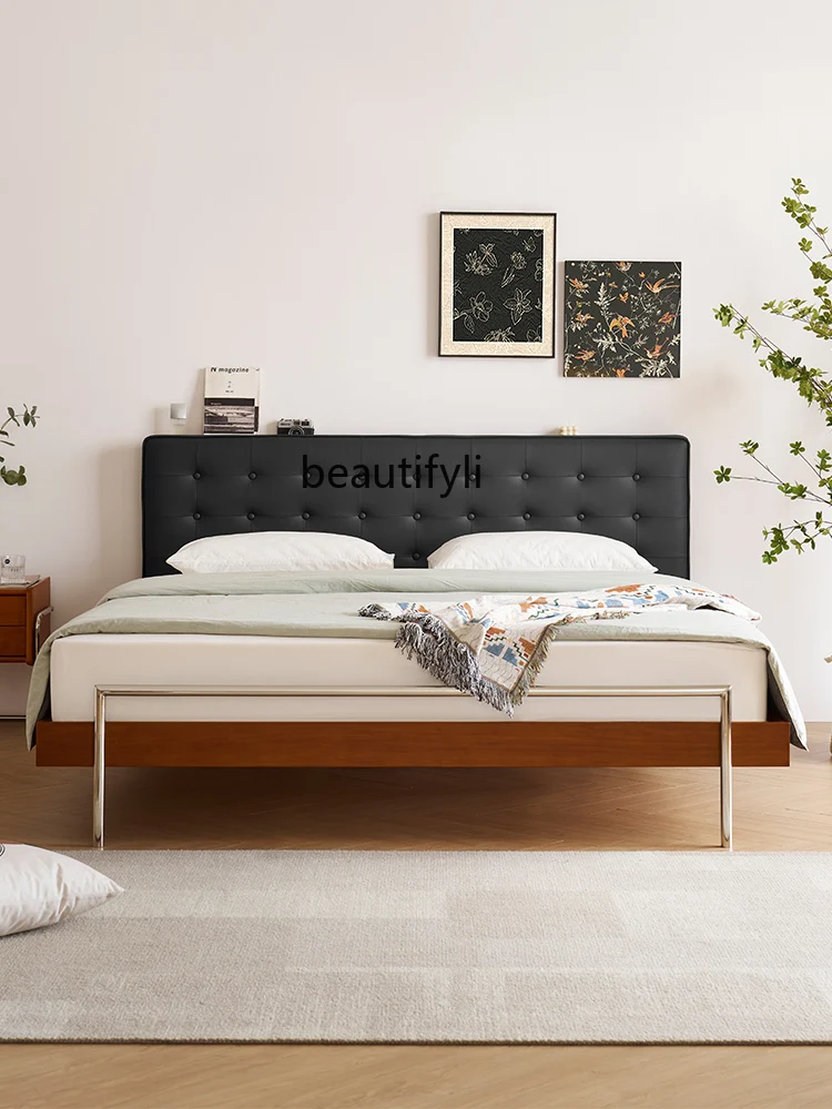 

Retro Solid Wood Soft Pack Bed Master Bedroom Middle and Ancient Small Apartment Simple Bedroom Leather Double Bed