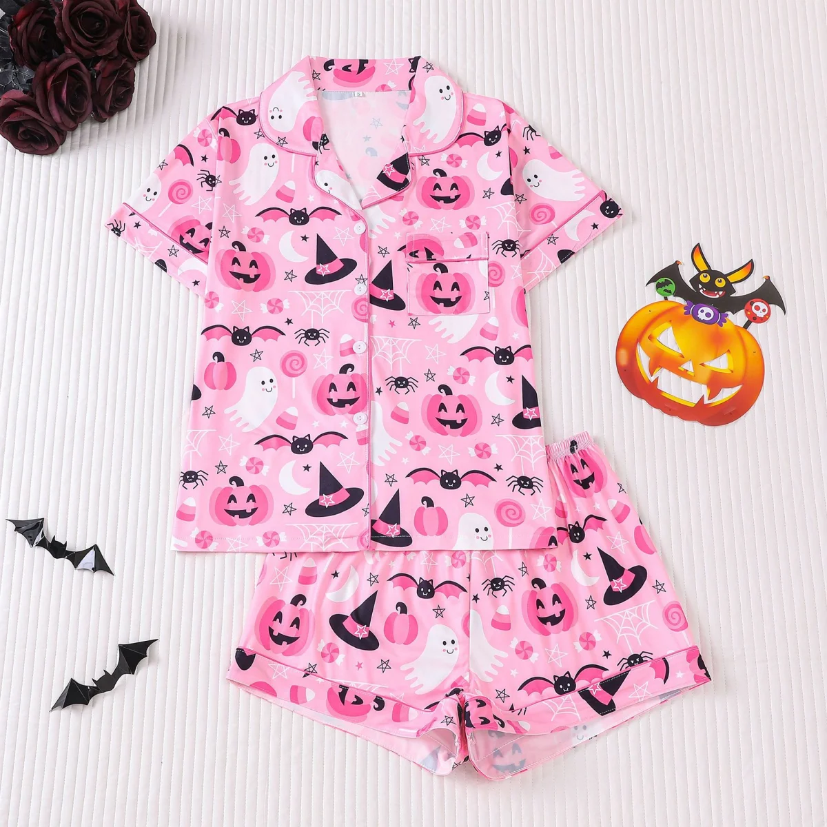 

Pink Halloween Themed Pajama with Pumpkin Print Lapel Short Sleeve Shorts Loungewear Home Wear Set Clothes