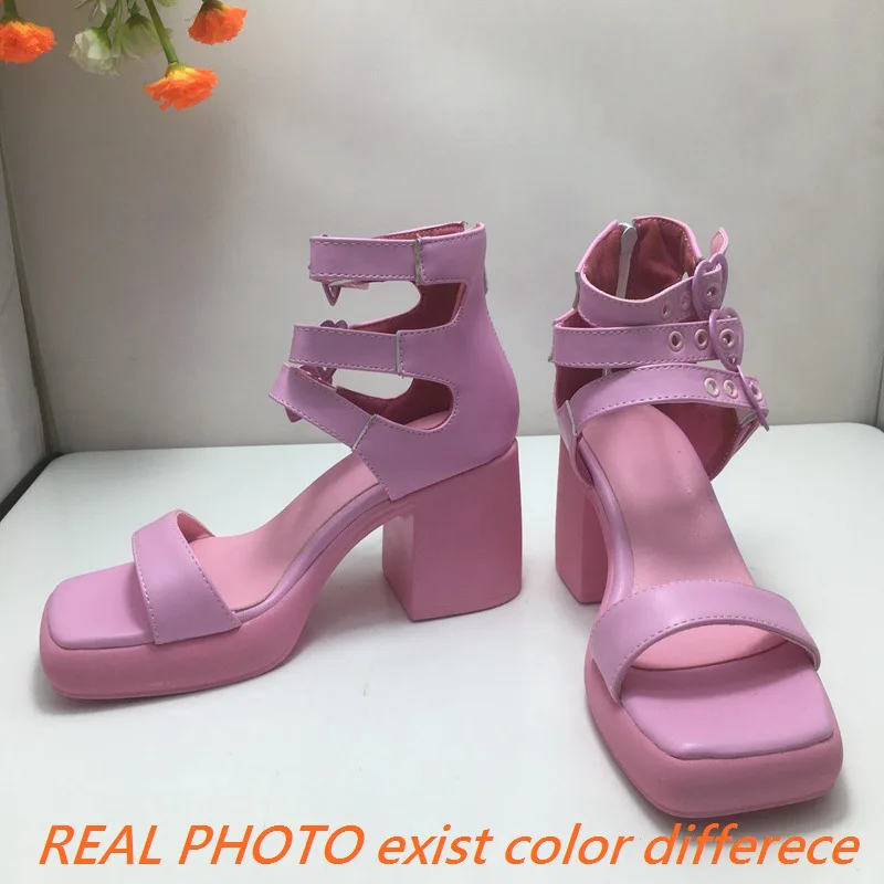 REAVE CAT Fashion Women Sandals Toe Chunky High Heels 8cm Platform Belt Buckles Decor 41 Daily Shoes