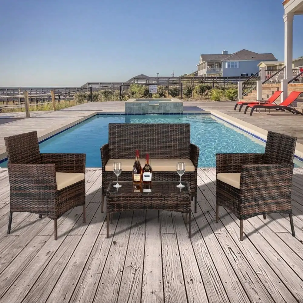 

4 PCS Patio Rattan Black Wicker Table Cushion Chairs Sofa Table Furniture Set