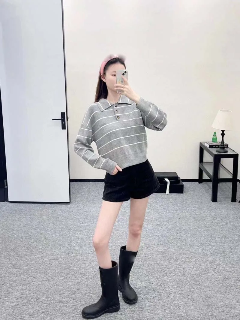 

College style women's knitted sweater fashionable loose casual simple versatile long sleeved polo collar wool sweater