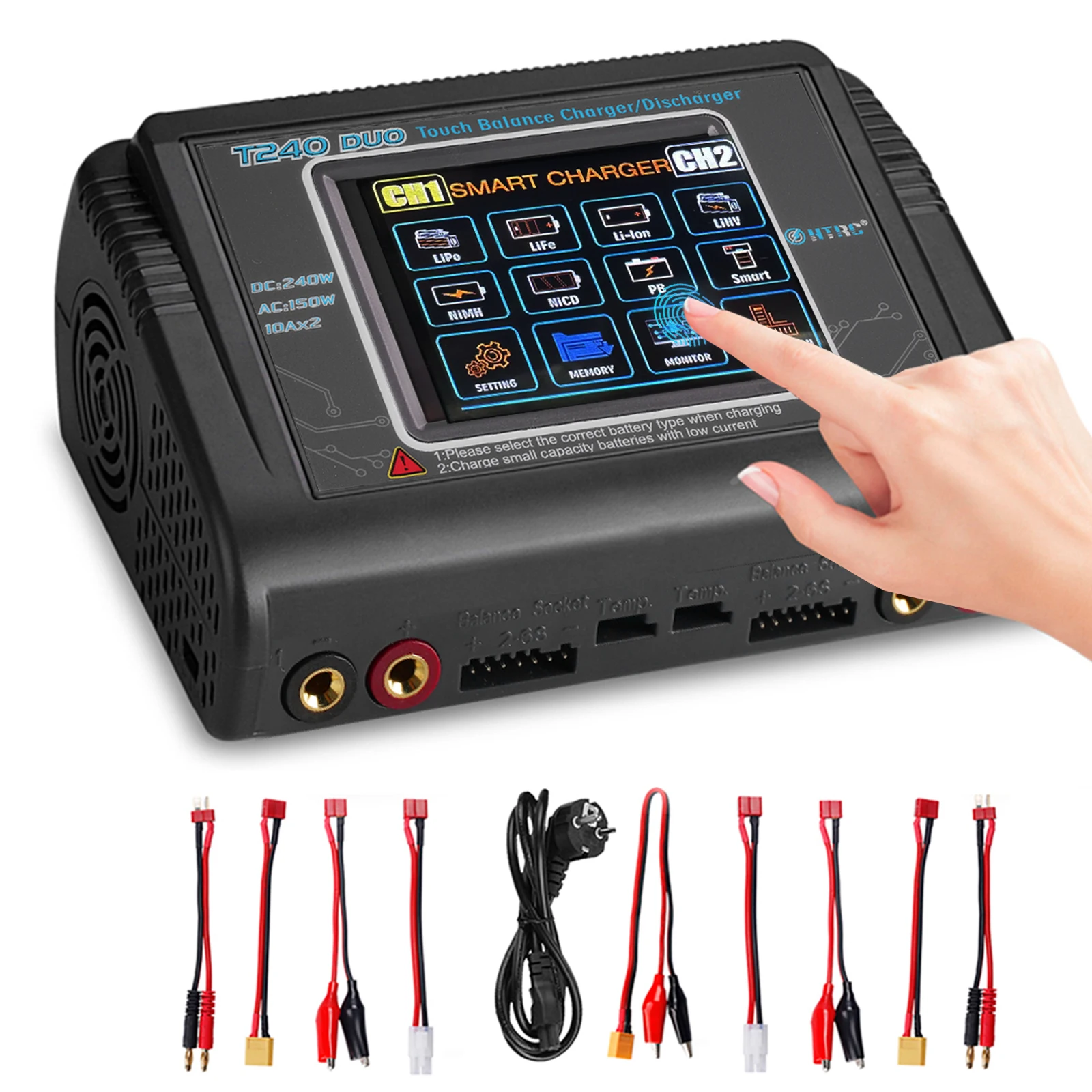 

Htrc T240 Lipo Battery Charger Screen Ac 150w 240w Dual Channel Rc Charger For Lihv Life Lilon Nicd Nimh Pb Battery