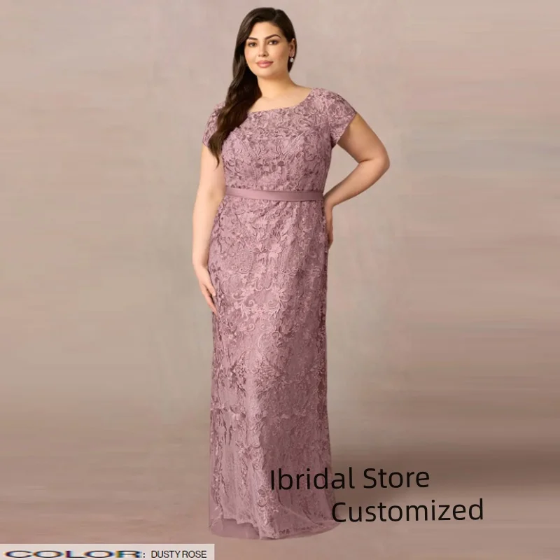 Customized Elegant O Neck Lace Appliques Short Sleeve A Line Long Mother Dress Ankle Length Bride Of Mother Dress Plus Size