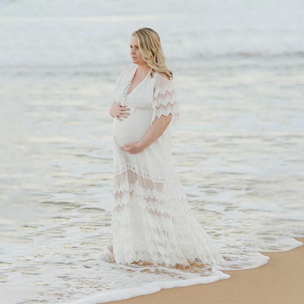 Elegant Maternity Dress Photoshoot Lace Fringe V-Neck White Pregnant Photography Dress Beach Summer Robe Grossese Shooting Photo