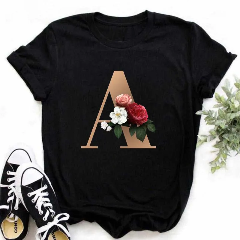 A B C D E English Alphabet Print T Shirt Women New Summer Couples Lovers Female T-Shirt Harajuku Casual Black Tops Tshirts