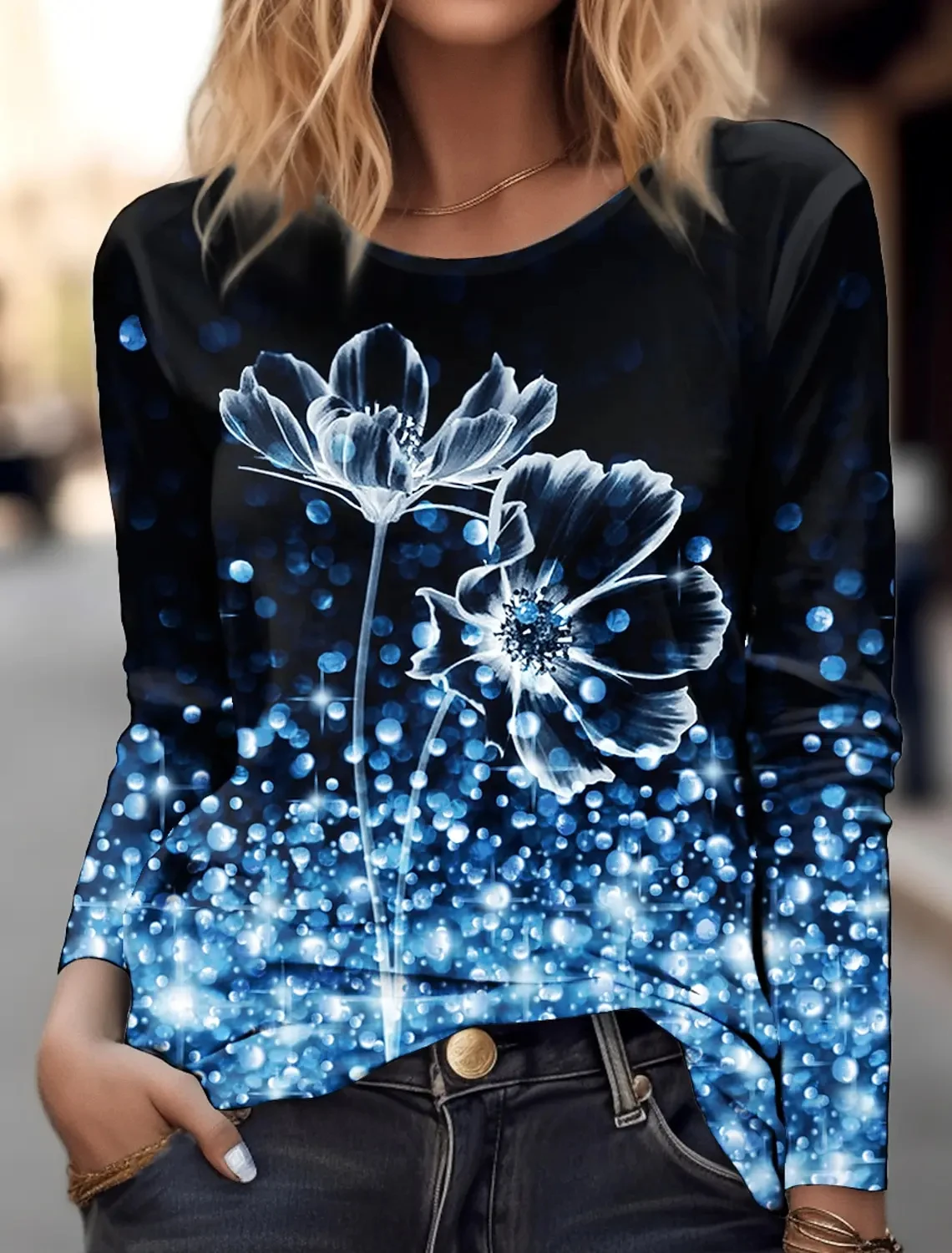 Women's Casual T-shirt 3D Printed Floral Print Round Neck Ethereal Elegant Long Sleeves Ladies Fashion Pullover Long Sleeves