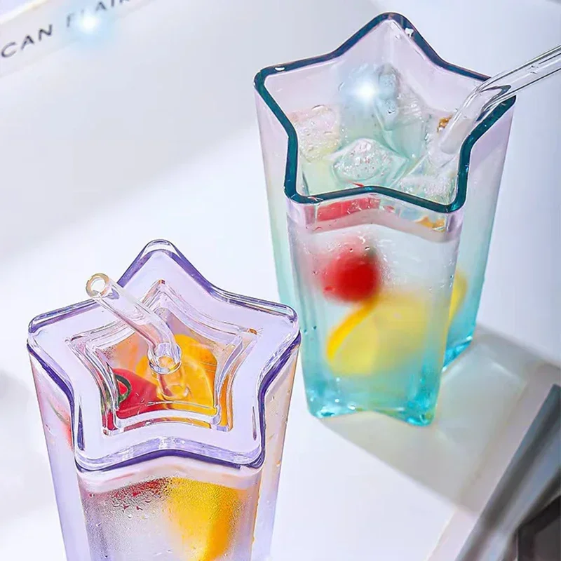 Good-looking Cup With Cold Drink Cup Straw Color Gradient Cup for Five-pointed Star Glass Cup Coffee Cup With Lid Drinking Cup