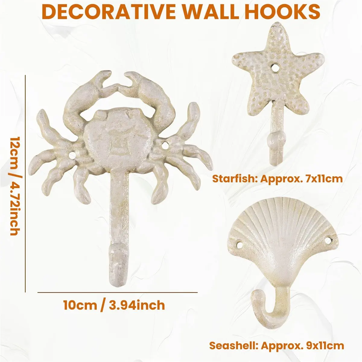 A56X Set Of 3 Starfish Seashell Crab Cast Iron Decorative Wall Hooks Coats Aprons Towels Hooks Beach Ocean Theme Metal Hooks