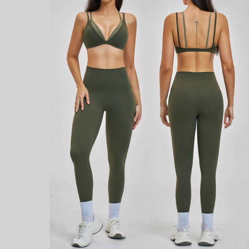 

Женский спортивный костюм из 2 предметов: облегающий однотонный топ-бра с открытой спиной и брюки для фитнеса с эффектом пуш-ап, комплект для бега
