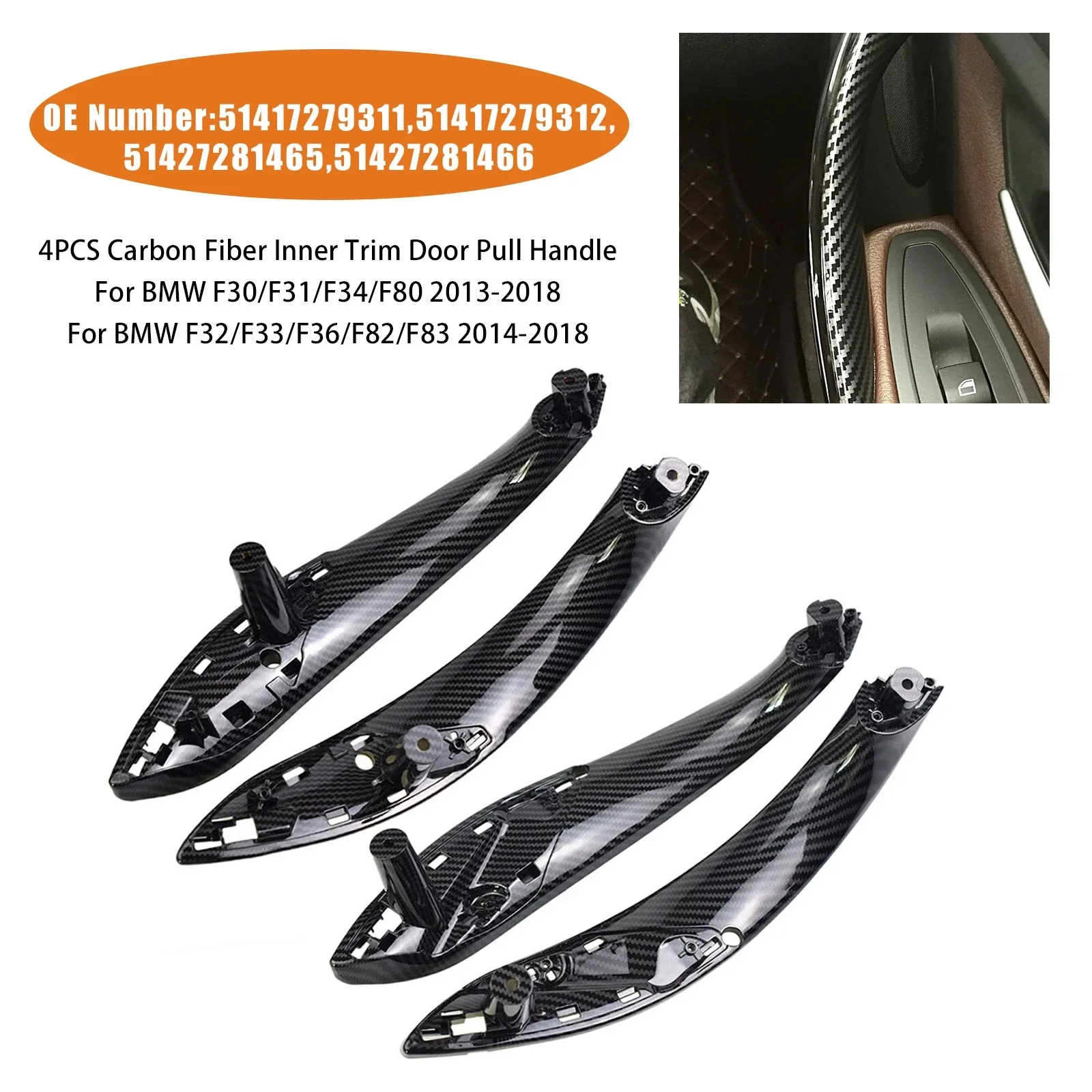 For BMW 3 series 2013-2018 F30 316d 318d 320d F31 320i 325d 51417279312 4PCS Set Carbon Fiber Inner Doors Handle Pull Trim Cover
