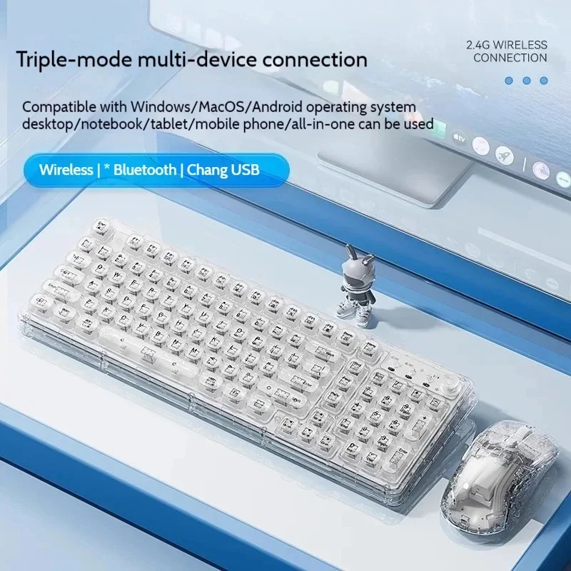 Conjunto de Teclado e Mouse Bluetooth Sem Fio Transparente com Cristais de Gelo, Silencioso, Retroiluminação RGB, Teclado com Sensação Mecânica Tri-mo